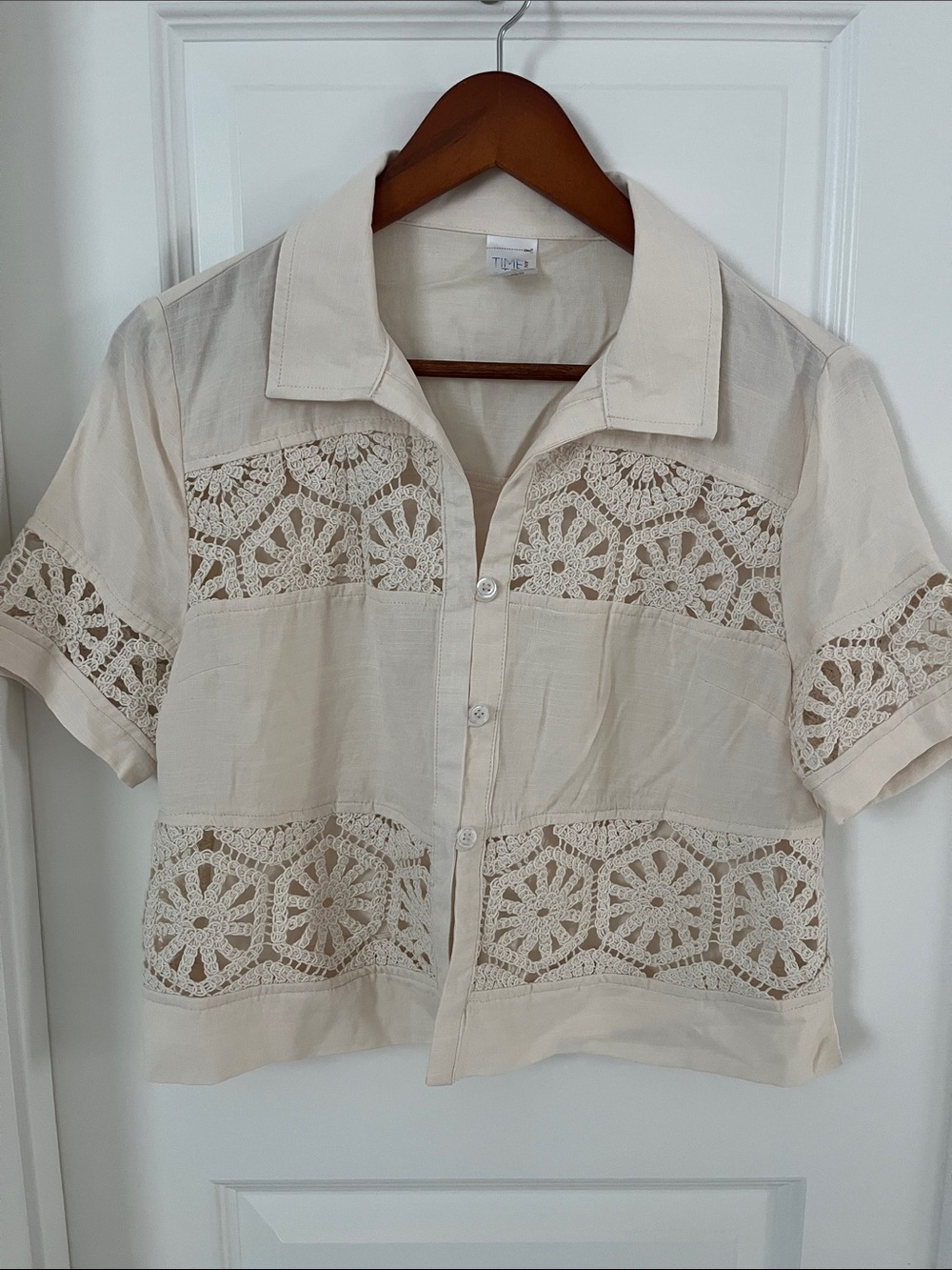 NWOT Short-Sleeve Lace Panel Button-Down Shirt